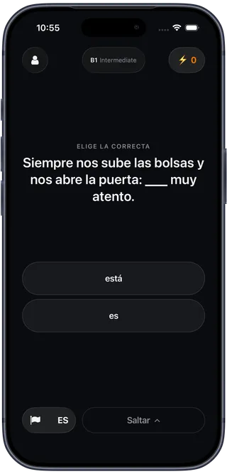 A B1 multiple-choice exercise: pick the verb that completes “Siempre nos sube las bolsas y nos abre la puerta: ___ muy atento.”