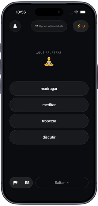 A B2 vocabulary exercise: choose the verb that matches a meditating figure, from madrugar, meditar, tropezar and discutir.
